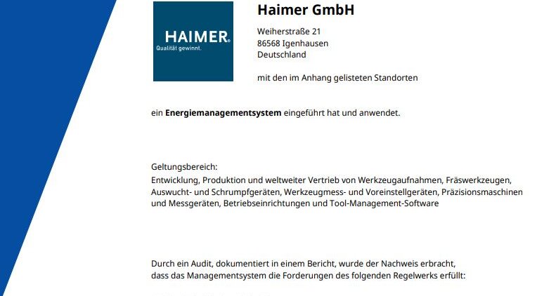 Zertifikat über die Einführung eines Energiemanagements